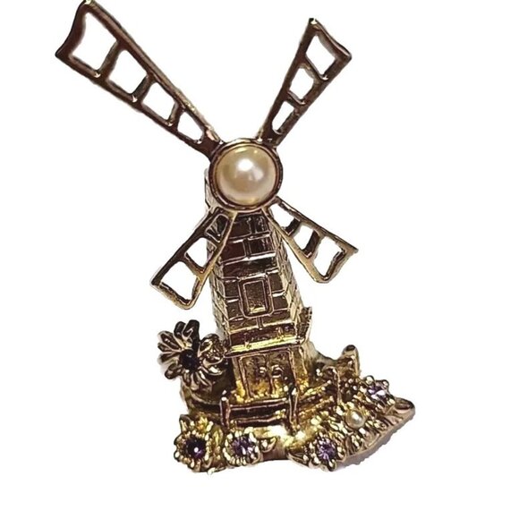 Unbranded Jewelry - Windmill Bejeweled Faux Pearl & Lavender Rhinestones GoldTone Metal Pin Brooch
